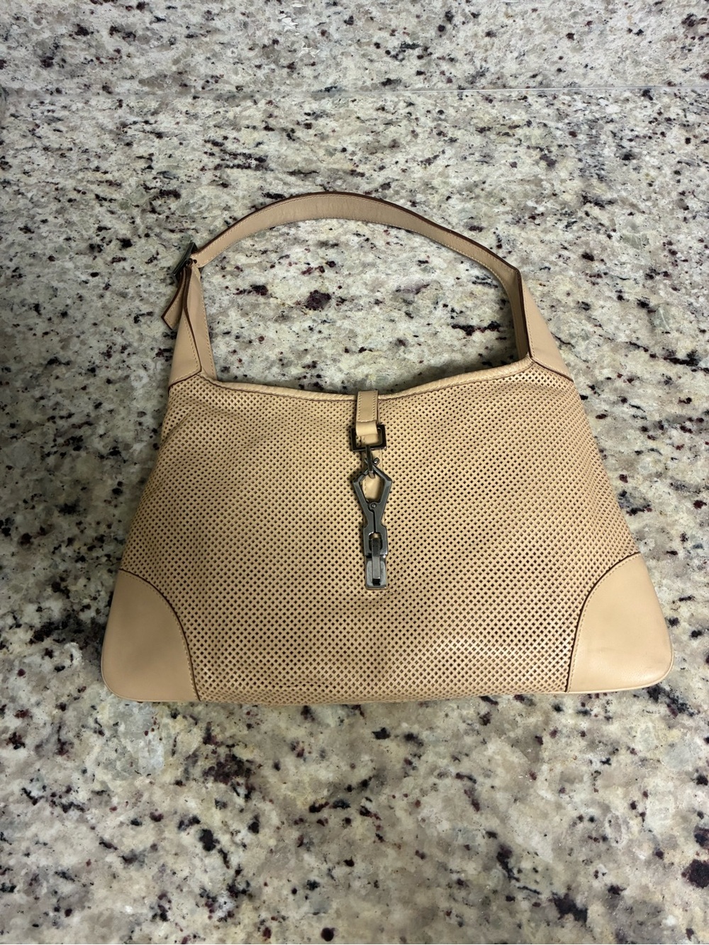 Vintage Gucci Jackie Perforated Beige Shoulder Bag with Gold Hardware
